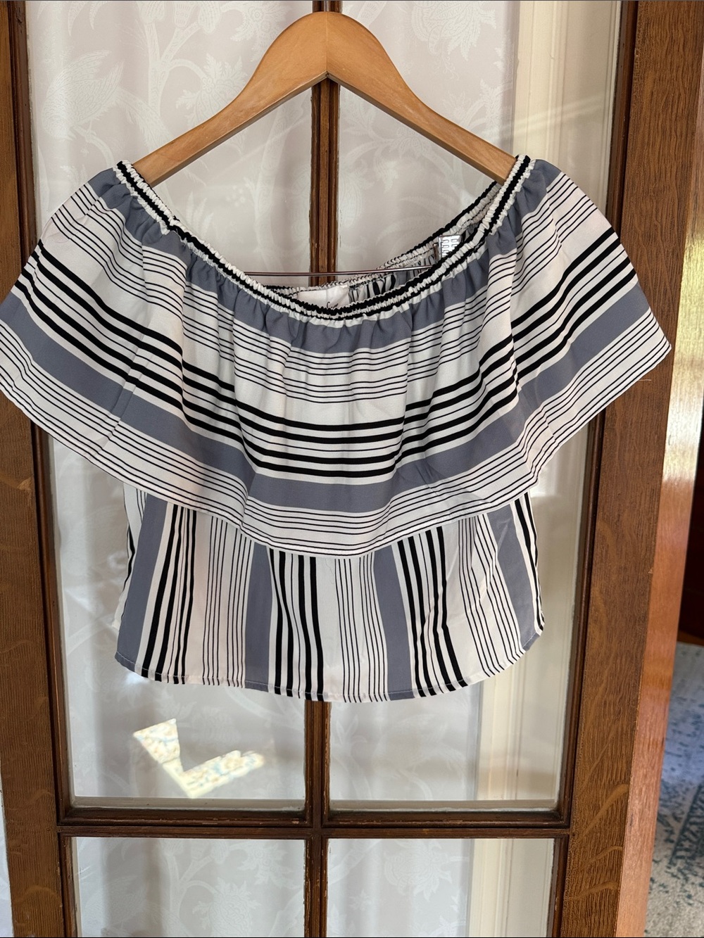 Sadie & Sage Blue and White Striped Off-Shoulder Crop Top